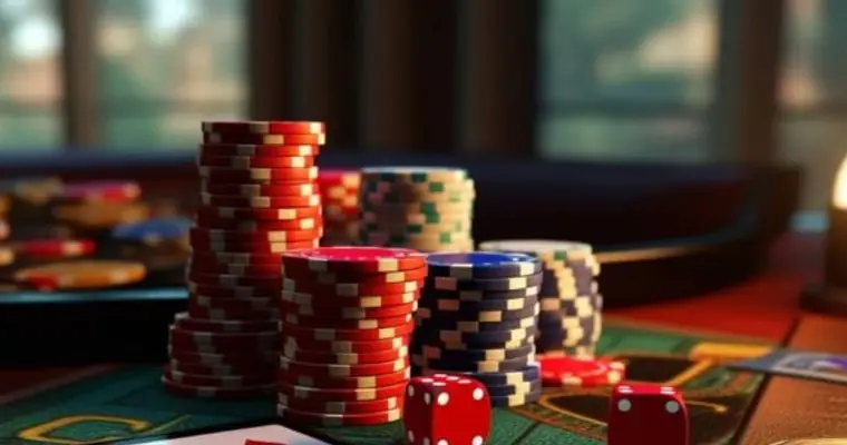 Chồng chip đỏ và xúc xắc trên bàn chơi, minh họa các sảnh game tại Zowin