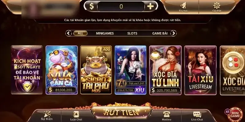 Sảnh Zowin sau khi đăng nhập với Vua Săn Cá, Sicbo Tài Phú, xóc đĩa Tứ Linh, tài xỉu livestream