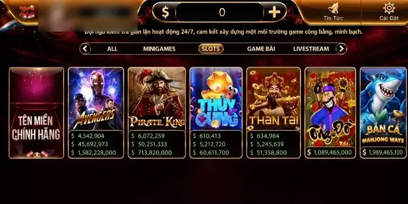 Ảnh chụp sảnh slot của Zowin với Avengers, Pirate King, Thủy Cung, Thần Tài, bắn cá
