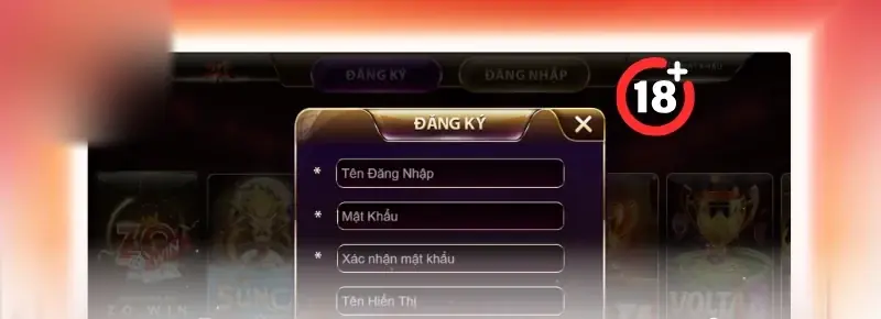 Biểu mẫu đăng ký Zowin với ba ô bắt buộc Tên đăng nhập, Mật khẩu, Xác nhận mật khẩu, ô Tên hiển thị và biểu tượng 18+