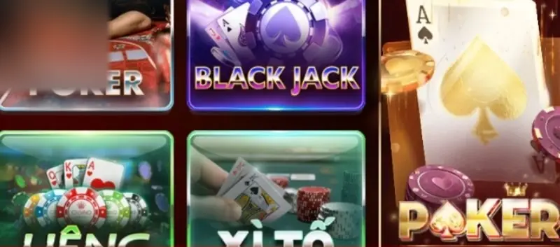 Các ô Black Jack, Liêng, Xì tố và ô Poker lớn có lá át bích vàng trong sảnh game bài