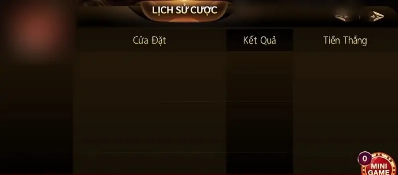Màn Lịch sử cược với ba cột Cửa đặt, Kết quả, Tiền thắng dùng để đối soát tài xỉu Zowin