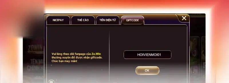 Tab Giftcode trong bảng nạp tiền Zowin: ô nhập mã quà tặng, nút OK và lời nhắc theo dõi fanpage