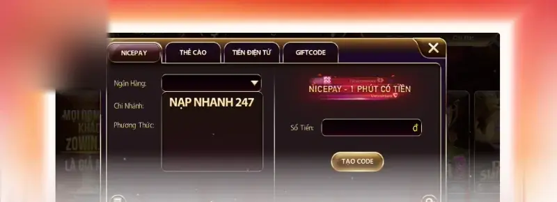 Cửa sổ nạp tiền Zowin tab NicePay với ô Ngân Hàng, mục Nạp nhanh 247, ô Số Tiền và nút Tạo code