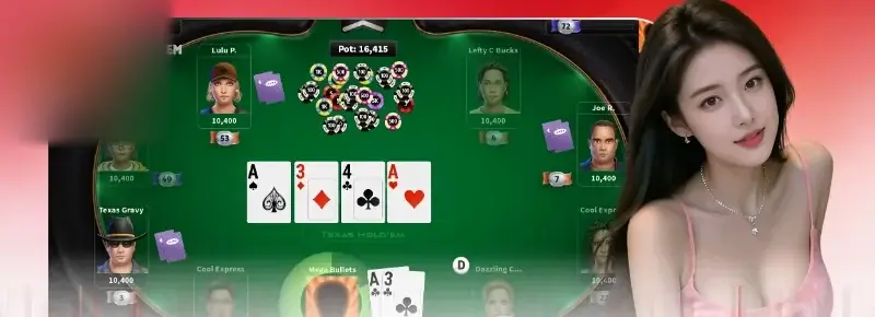 Bàn Texas Hold’em minh họa với bốn lá chung A, 3, 4, A, hũ 16,415 và người chơi cầm A, 3 nhép