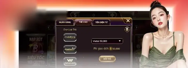 Tab Thẻ cào khi rút tiền Zowin: chọn nhà mạng, mệnh giá Viettel 50.000, dòng phí giao dịch và nút Đổi thẻ