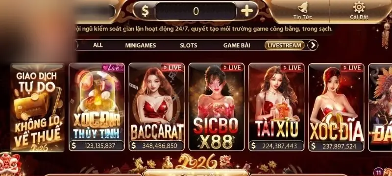 Sảnh Zowin sau khi đăng nhập: ô số dư và nút cộng, dòng thông báo kiểm soát gian lận, tab Livestream với Xóc đĩa Thủy Tinh, Baccarat, Sicbo X88, Tài xỉu