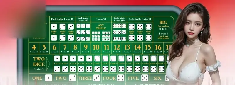 Bảng sicbo tiếng Anh với Small, Big 1 wins 1, Any Triple 1 wins 30, Each double, Each triple, Two dice và hàng One đến Six