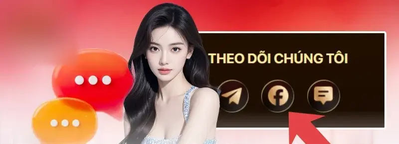 Khung Theo dõi chúng tôi trên trang giới thiệu Zowin với biểu tượng Telegram, Facebook và chat, mũi tên đỏ chỉ vào Facebook